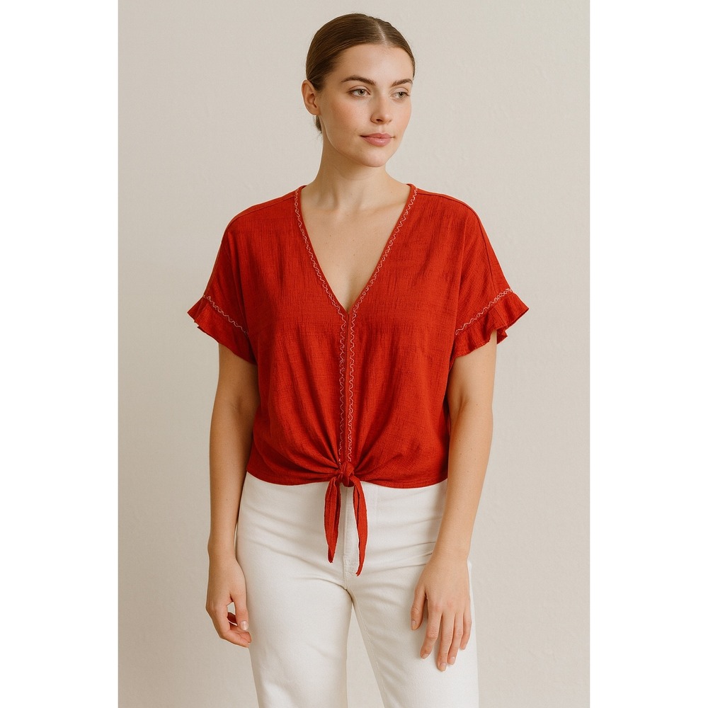 Max Studio Red Tie-Front Blouse – Short Ruffle Sleeve Top, Boho Peasant Style|M
